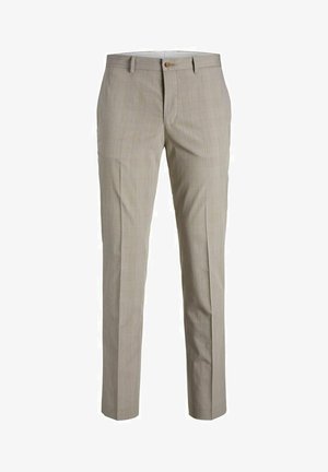 Beige plaid trousers with a straight-leg cut, featuring a single button closure and front pockets, made from a lightweight fabric.
