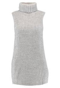 Ärmlös grå stickad tunika med hög polokrage, med ribbat mönster och rak silhuett, som framhäver dess mjuka, chunky material.