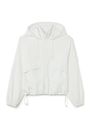 Weißes, kurzes Jacket aus leichtem Stoff, mit Kapuze, zwei vorderen aufgesetzten Taschen, verstellbaren Kordeln und elastischen Bündchen.