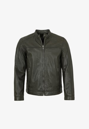 Dunkelgrüne Lederjacke mit Stehkragen, Vorderreißverschluss und zwei Seitentaschen. Sie besitzt eine glatte Textur und minimale Details.