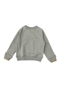 Felpa grigia con collo rotondo a costine e polsini. Presenta maniche raglan e una striscia gialla a contrasto sui bordi dei polsini.