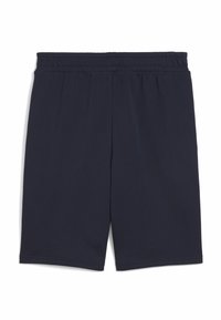 Marineblå sportsshorts med elastisk talje, lavet af et glat, let stof, med en knælang design og ingen synlige lommer.