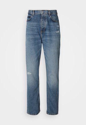 Light blue denim jeans with a straight-leg design, featuring a button and zipper closure, five pockets, and distressed details near the knee.