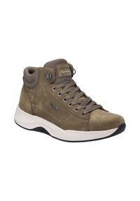 Brązowe zamszowe trampki typu high-top z okrągłym noskiem, wyściełanym kołnierzem, sznurowanym przodem i białą śródpodeszwą. Zawierają wodoodporne detale.