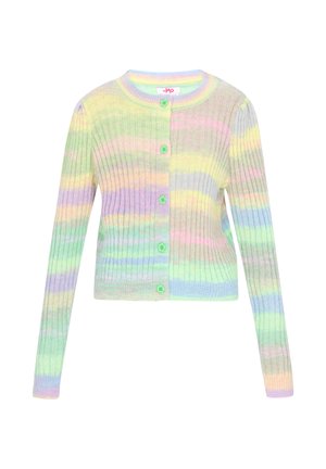 Cardigan a coste con righe pastello verde, lilla e giallo, caratterizzato da un collo rotondo e cinque bottoni verdi sul davanti.