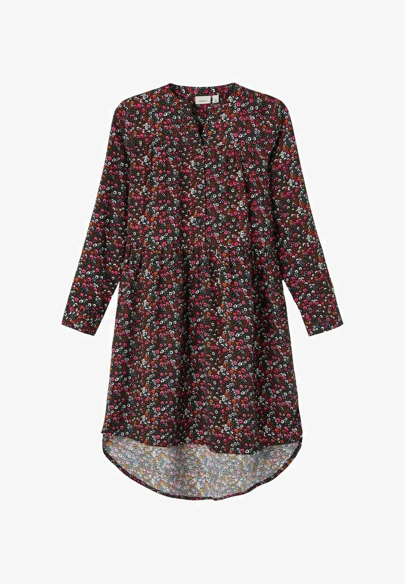 Robe à manches longues à fleurs avec de petites fleurs rouges, blanches et orange sur fond noir, dotée de boutons sur le devant.