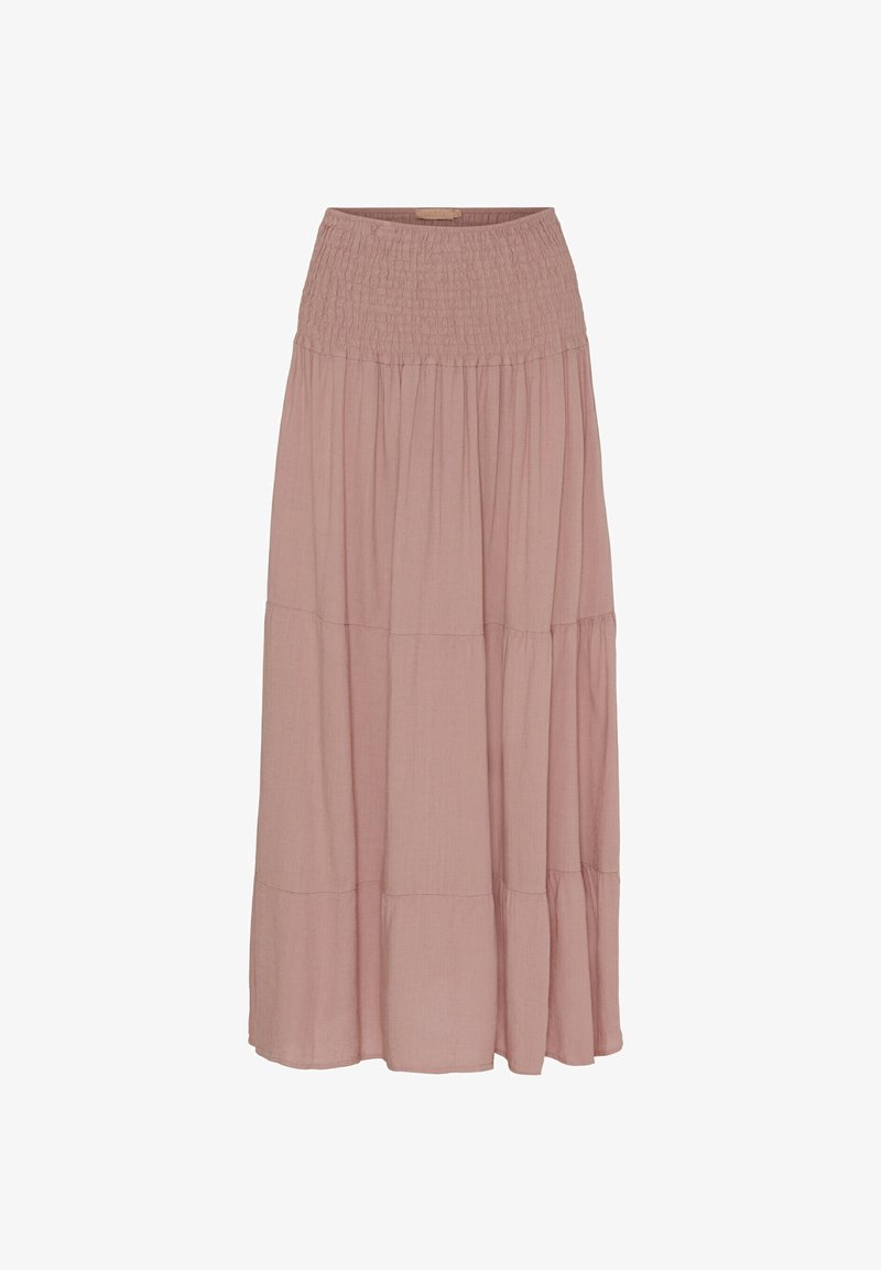 Lyserød, lagdelt maxi-nederdel med smocket talje, lavet af letvægtigt stof, med subtil tekstur og en flydende design.