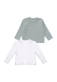Zwei Langarmoberteile: eines in Weiß und eines in Hellgrün mit einem dünnen horizontalen Streifenmuster. Beide haben runde Ausschnitte und sind aus weichem Material.