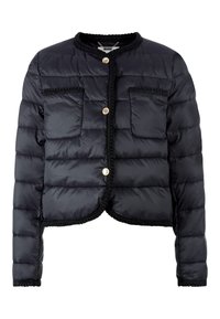 Giubbotto puffa nero con design corto, dotato di due tasche sul petto, bottoni dorati e rifiniture nere testurizzate lungo i bordi.