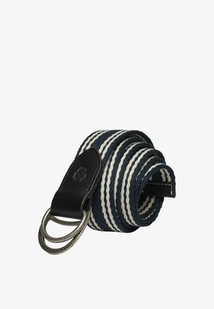 Aufgerollter navyblauer und weiß gestreifter Stoffgürtel mit schwarzem Lederende und doppelter Metall-D-Ring-Schnalle.
