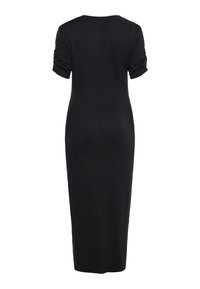 Rochie midi neagră, ajustată, cu mânecile scurte răsucite, decolteu rotund și textură netedă. Design simplu, solid, fără modele sau embellishments.