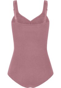 Mauve-farbenes Bodysuit mit verstellbaren Trägern, einer glatten Stoffoberfläche und einem taillierten Design mit einem abgerundeten unteren Saum.