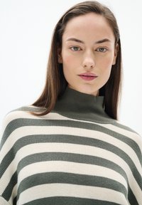 Pulover tricotat cu guler înalt, cu dungi orizontale verzi și crem, textură ribbată și o croială ușor masculină pentru confort.
