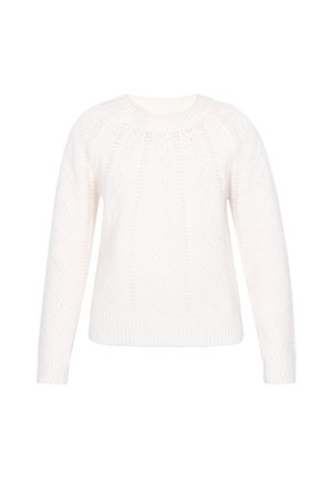 Biely pletený sveter s okrúhlym výstrihom, dlhými rukávmi a textúrovaným diamantom, s rebrovanými manžetami a lemom.