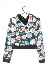 Hoodie accorciato con motivo floreale su sfondo nero. Presenta colori vivaci, un cappuccio con cordino e polsini e orlo a coste.