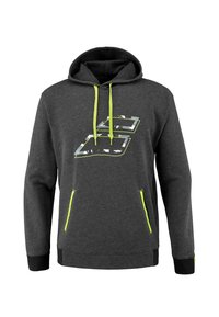 Sudadera gris con capucha ajustable, detalles en neón verde, dos bolsillos laterales y un diseño gráfico geométrico en la parte frontal.