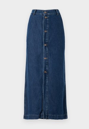Tumedast denimist maxi seelik, millel on eesnuppe sulgumine ja külje lõhikud, sirge siluetti ja õmmeldud serv.
