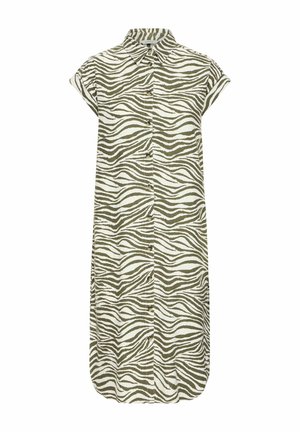 Haljina košulja s dugim rukavima koja prikazuje zebru u maslinasto zelenoj i bijeloj boji, kratki rukavi i ovratnik. Mekani, lagani materijal.
