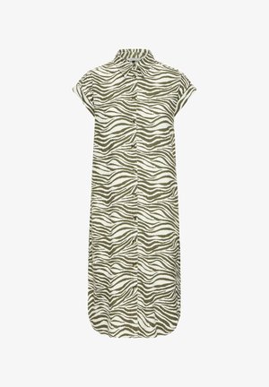 Gombos ingruha, olíva zöld és fehér zebra csíkos mintával, rövid ujjal és gallérral. Puha, könnyű anyag.