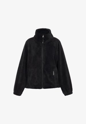 Czarna bluza polarowa z wysokim kołnierzem, zapięciem na zamek, elastycznymi mankietami i bocznymi kieszeniami. Miękka faktura z jednolitym wzorem.