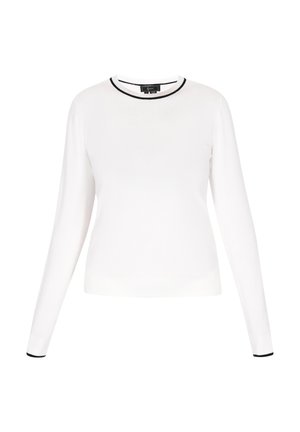 Maglietta bianca a maniche lunghe con scollatura rotonda, caratterizzata da un bordo nero lungo il collo e i polsini. Tessuto liscio, forma aderente.