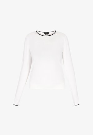 Maglietta bianca a maniche lunghe con scollatura rotonda, caratterizzata da un bordo nero lungo il collo e i polsini. Tessuto liscio, forma aderente.