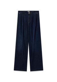 Pantalon en jean bleu foncé à jambes larges, avec plis devant, poches latérales, passants pour ceinture et fermeture par bouton à la taille.