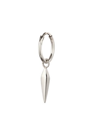 Silver hoop earring with a smooth, elongated diamond-shaped pendant hanging from it against a white background.