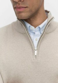 Beige kvartdraget tröja gjord av texturerad tyg, med en silverfärgad dragkedja och en ljusblå randig skjorta under.