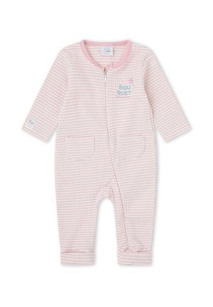 Peto de bebé de manga larga a rayas rosas y blancas con bolsillos delanteros, cierre de cremallera y bordado con el texto "Bouquet" en el pecho.