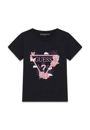 Schwarzes Kinder-T-Shirt mit pinkem Blumen- und Schmetterlingsdesign, das das GUESS-Logo, einen Teddybären, Wolken und ein Fragezeichen in einem Dreieck zeigt.