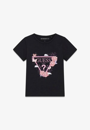 Schwarzes Kinder-T-Shirt mit pinkem Blumen- und Schmetterlingsdesign, das das GUESS-Logo, einen Teddybären, Wolken und ein Fragezeichen in einem Dreieck zeigt.