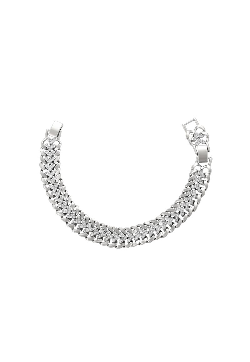 Strieborný náramok s prepojenými článkami, ktorý má textúrovaný povrch a bezpečné zapínanie. Ozdobený prvkami, ktoré pripomínajú diamanty.