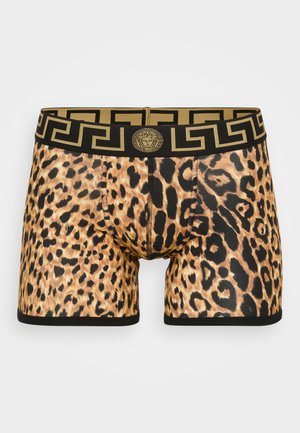 Men's boxer briefs with leopard print and a black and gold waistband featuring a Greek key pattern and Medusa head emblem.