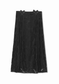 Schwarze Spitzenröcke mit floralen Mustern, ausgestattet mit zwei Satinschleifen an der Taille. Fließendes Design, strukturierter Stoff und knielanger Schnitt.