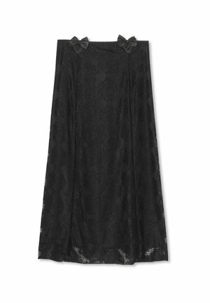 Schwarze Spitzenröcke mit floralen Mustern, ausgestattet mit zwei Satinschleifen an der Taille. Fließendes Design, strukturierter Stoff und knielanger Schnitt.