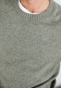 Olivgrön tröja i mjuk, texturerad tyg. Har en ribbad halsringning och ett subtilt mönster över ytan. Klassisk passform.
