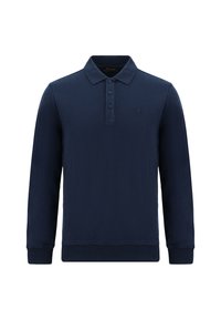 Marineblauwe polo met lange mouwen, een kraag, knoopsluiting met drie knopen en een subtiele logo op de borst. Gladde katoenen textuur.