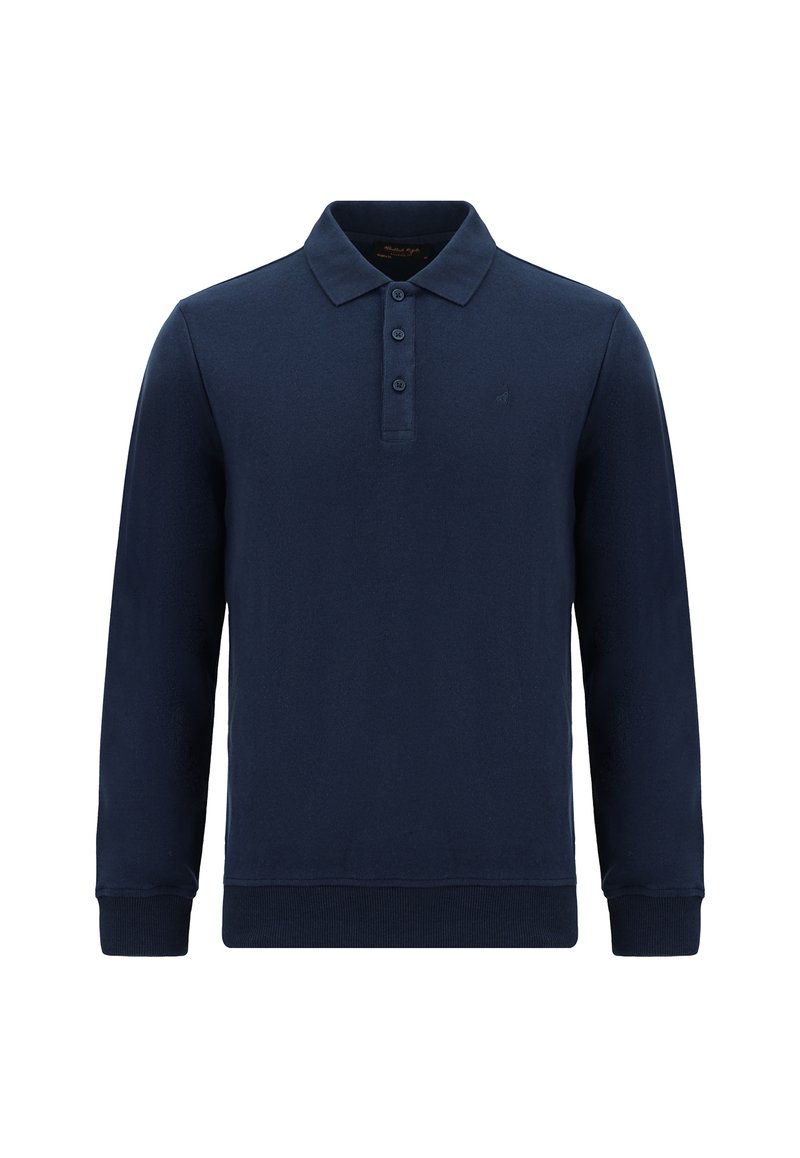 Marineblauwe polo met lange mouwen, een kraag, knoopsluiting met drie knopen en een subtiele logo op de borst. Gladde katoenen textuur.