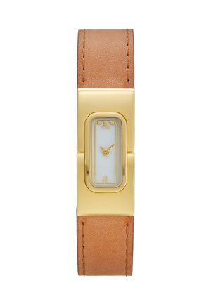 Gold-tone rectangular watch with a white face, brown leather strap, and minimalist design. Features a subtle logo on the dial.
