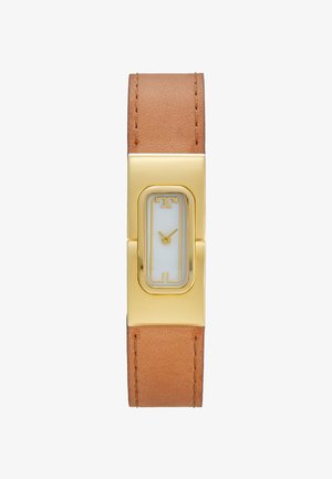 Orologio rettangolare dorato con quadrante bianco, cinturino in pelle marrone e design minimalista. Presenta un logo discreto sul quadrante.