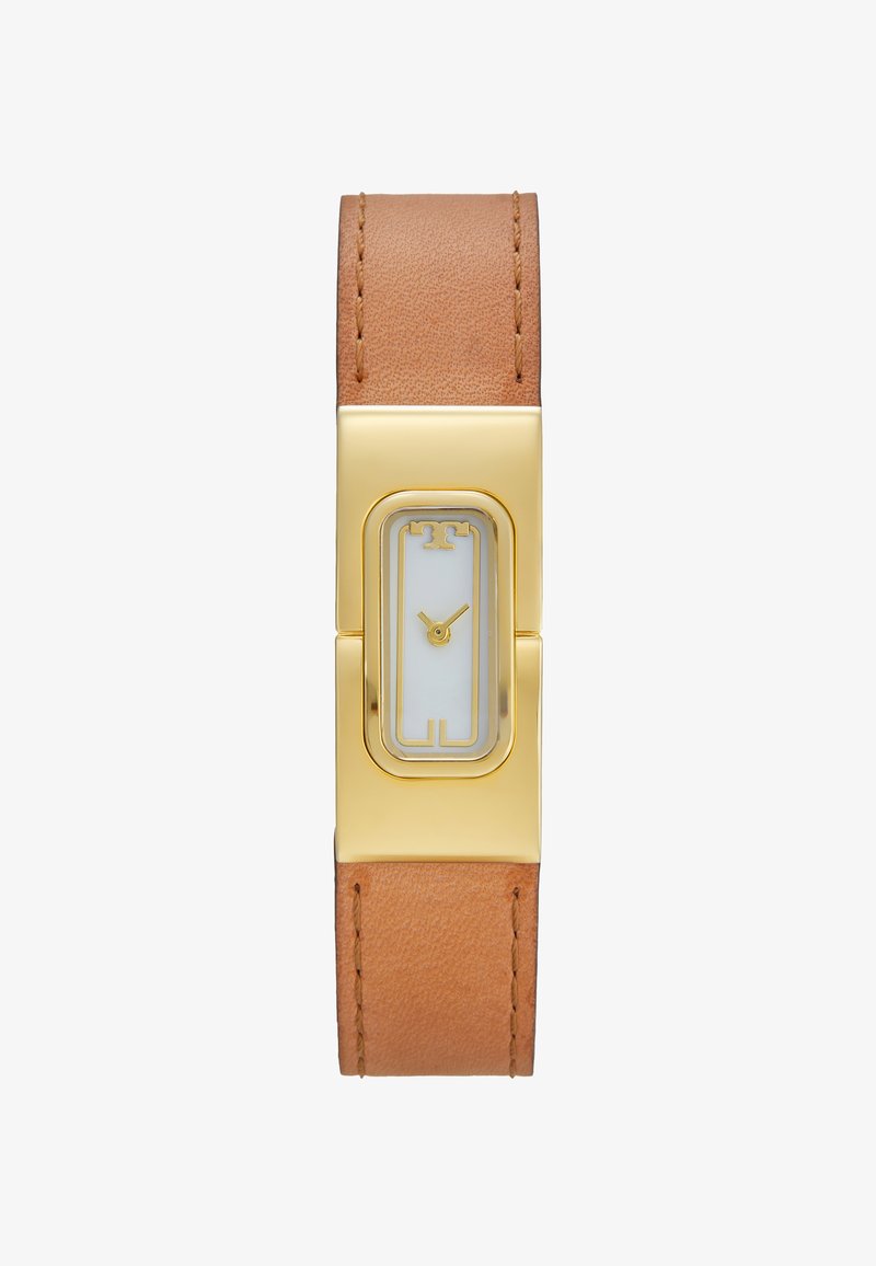 Reloj rectangular en tono dorado con esfera blanca, correa de cuero marrón y diseño minimalista. Presenta un logotipo sutil en la esfera.