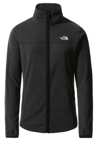 Svart fleecejacka med hög krage, fullständig dragkedja framtill och sidofickor. Har strukturerad tyg och en liten vit logotyp på bröstet.