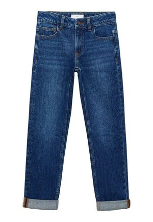 Dunkelblaue Jeans aus Denim mit geradem Bein, fünf Taschen und umgeschlagenen Säumen. Mit Knopfverschluss und sanften Verwaschungen.