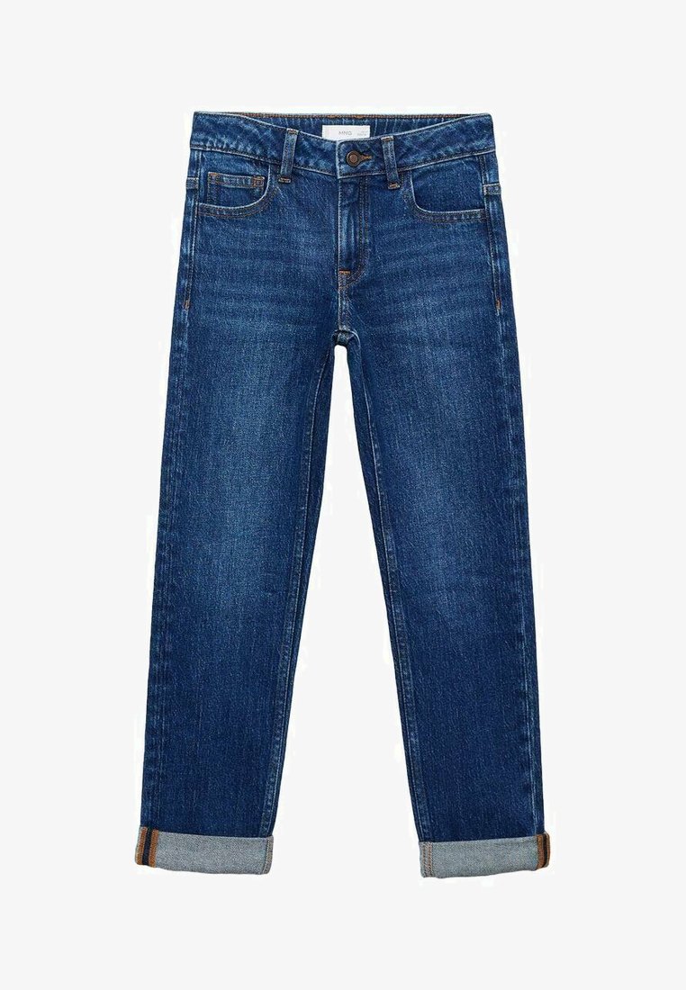 Blugi din denim de culoare albastru închis cu un croi drept, cinci buzunare și manșete răsucite. Dispune de o închidere cu buton și de un proces subtil de decolorare.