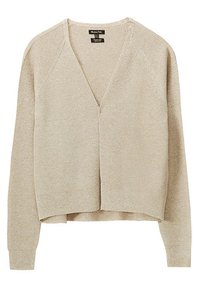 Cardigan beige, a maniche lunghe, con scollo a V e spalle a costine, realizzato in morbido tessuto knit dalla texture liscia.