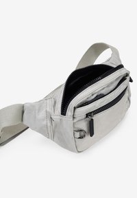 Bolso de cintura de tela gris con dos bolsillos con cremallera, correa ajustable y acentos de hardware metálico. Superficie texturada y forma triangular compacta.