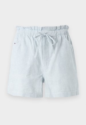 Himmelblaue gestreifte Shorts aus weichem Stoff, mit einem elastischen Bund und Kordelzug sowie zwei seitlichen Taschen.