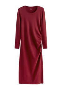 Burgunderfarbenes Langarmkleid mit rundem Ausschnitt, seitlichem Raffungselement und geradem Schnitt, aus weichem, strukturiertem Material gefertigt.