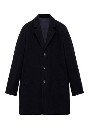 Black wool overcoat with a notched lapel, three buttons, two side pockets, and quilted lining. Features a straight cut and textured fabric.